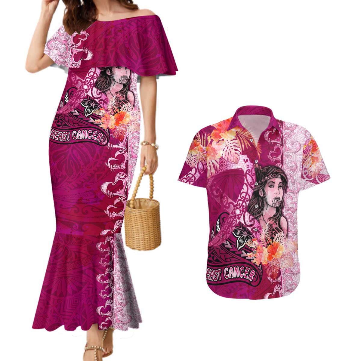 Breast Cancer New Zealand Couples Matching Mermaid Dress and Hawaiian Shirt Maori Aotearoa Girl Pink Out DT02 Pink - Polynesian Pride