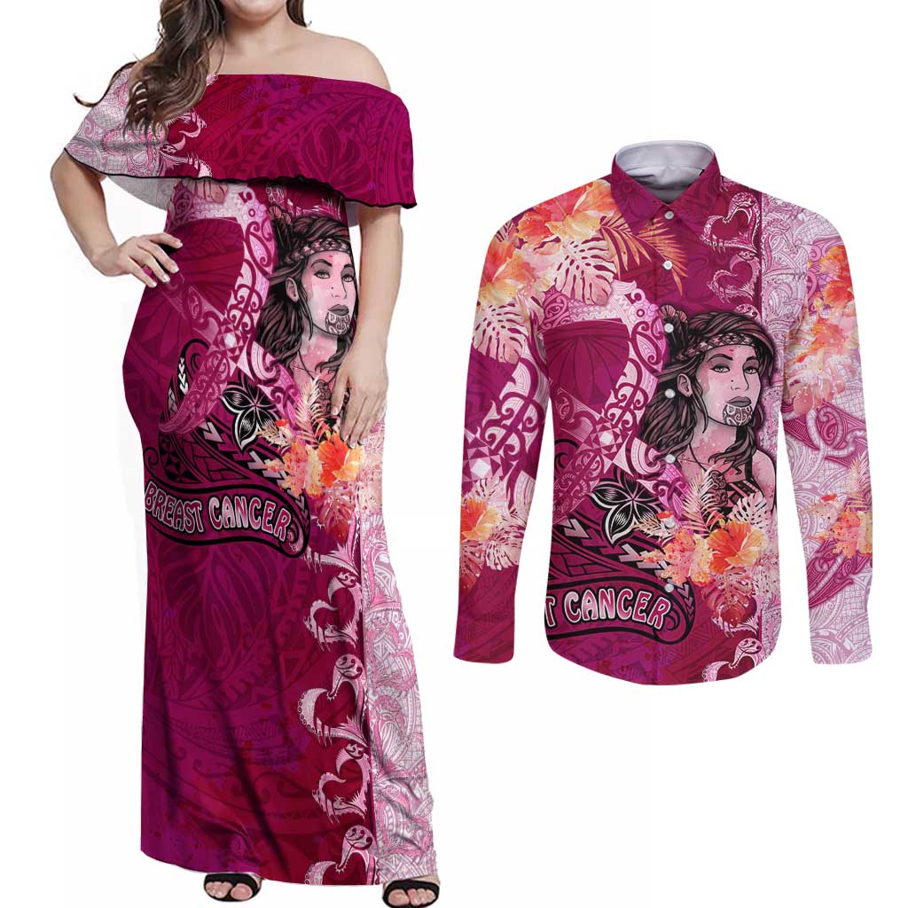 Breast Cancer New Zealand Couples Matching Off Shoulder Maxi Dress and Long Sleeve Button Shirt Maori Aotearoa Girl Pink Out DT02 Pink - Polynesian Pride