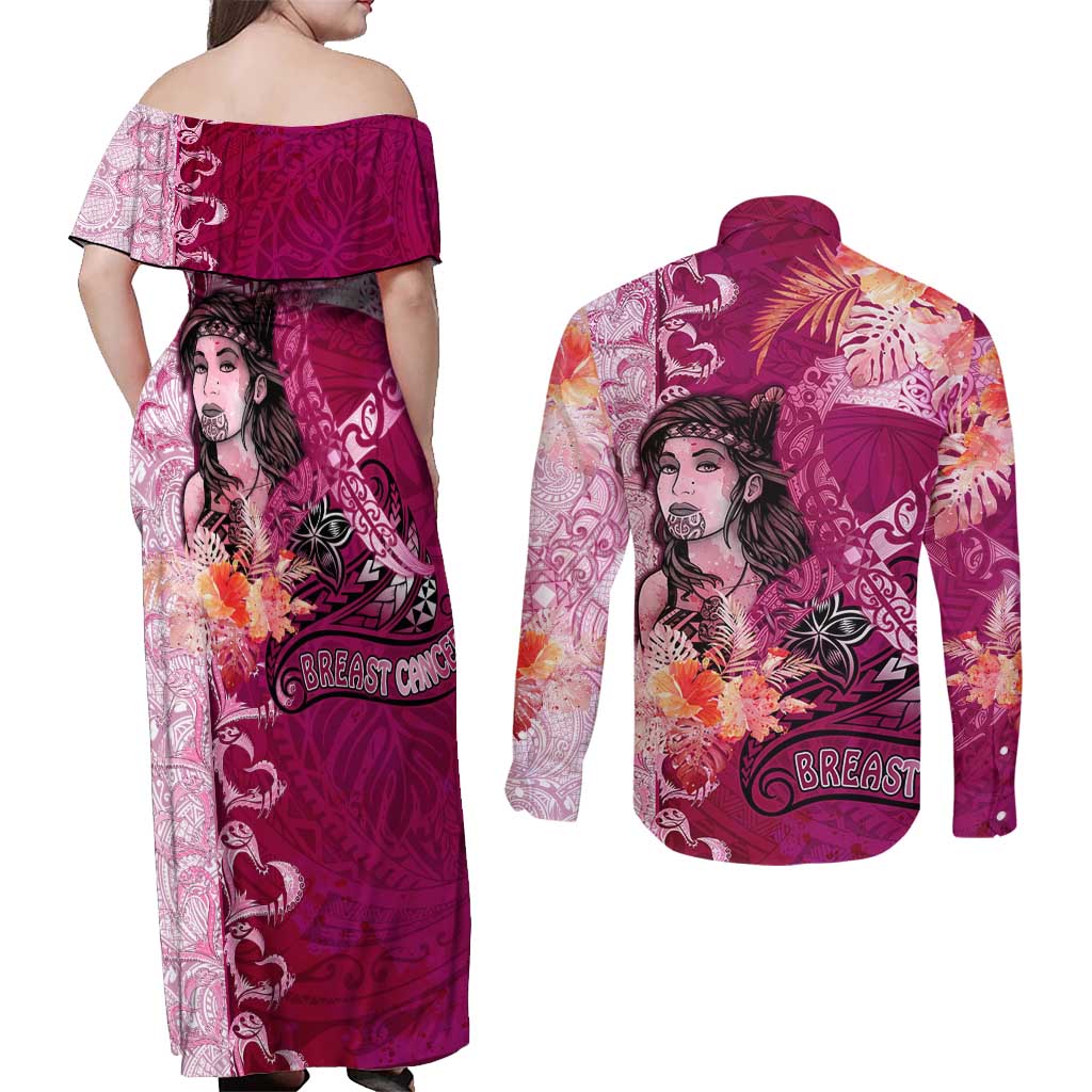 Breast Cancer New Zealand Couples Matching Off Shoulder Maxi Dress and Long Sleeve Button Shirt Maori Aotearoa Girl Pink Out DT02 - Polynesian Pride