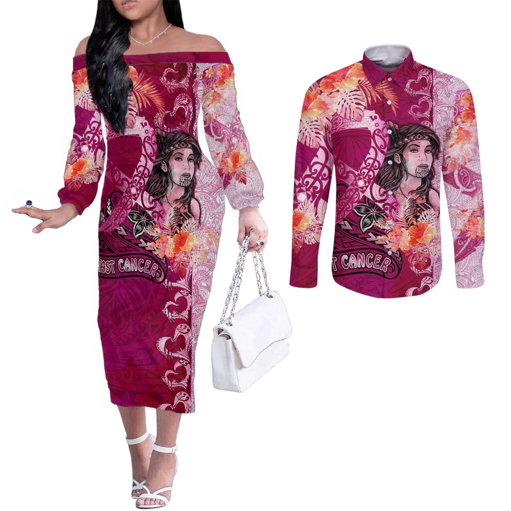 Breast Cancer New Zealand Couples Matching Off The Shoulder Long Sleeve Dress and Long Sleeve Button Shirt Maori Aotearoa Girl Pink Out DT02 Pink - Polynesian Pride