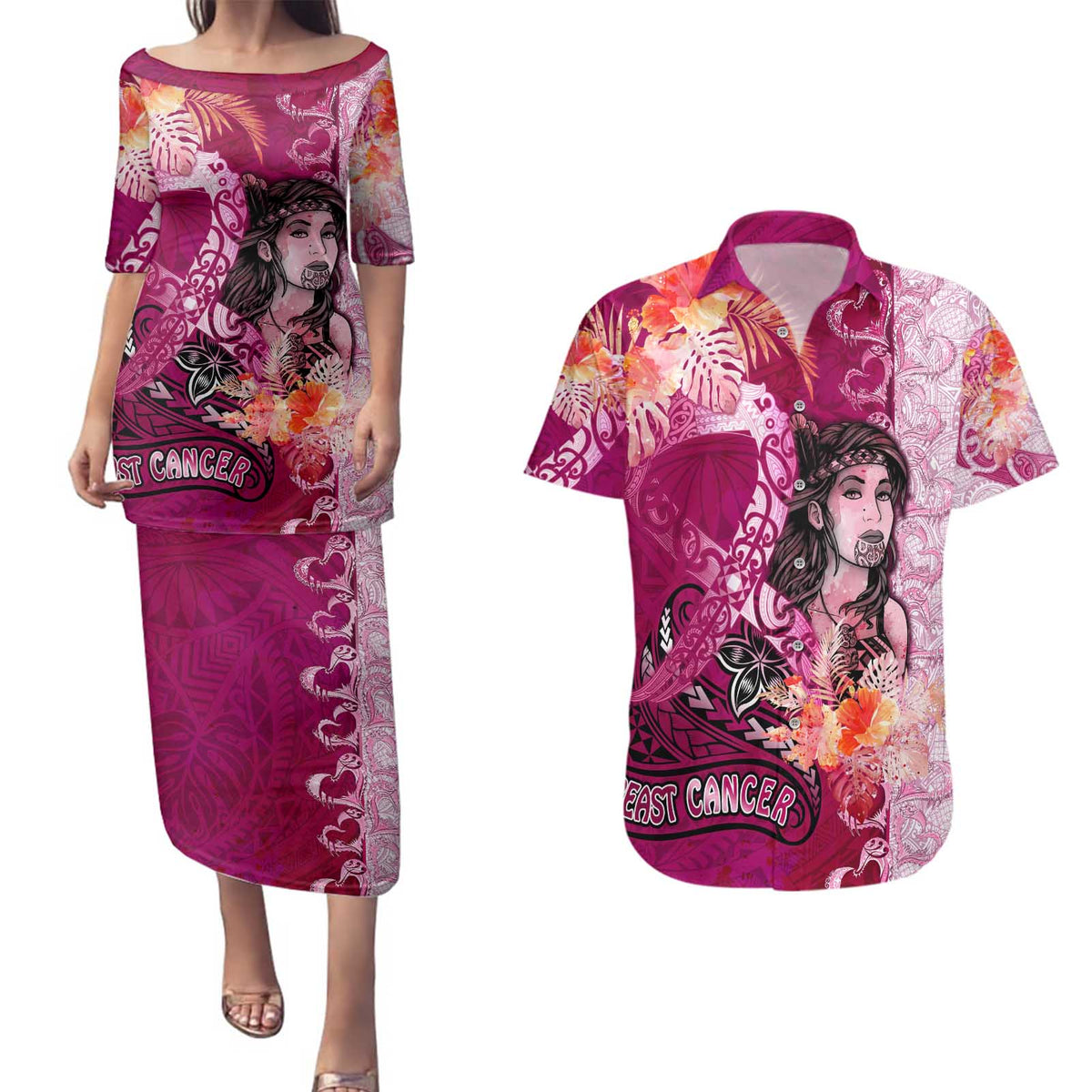 Breast Cancer New Zealand Couples Matching Puletasi and Hawaiian Shirt Maori Aotearoa Girl Pink Out DT02 Pink - Polynesian Pride