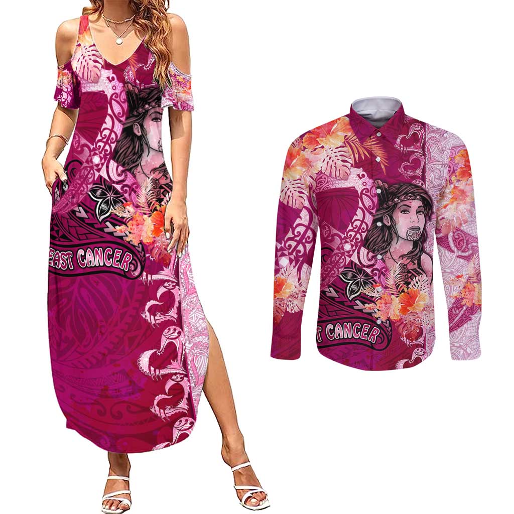 Breast Cancer New Zealand Couples Matching Summer Maxi Dress and Long Sleeve Button Shirt Maori Aotearoa Girl Pink Out DT02 Pink - Polynesian Pride