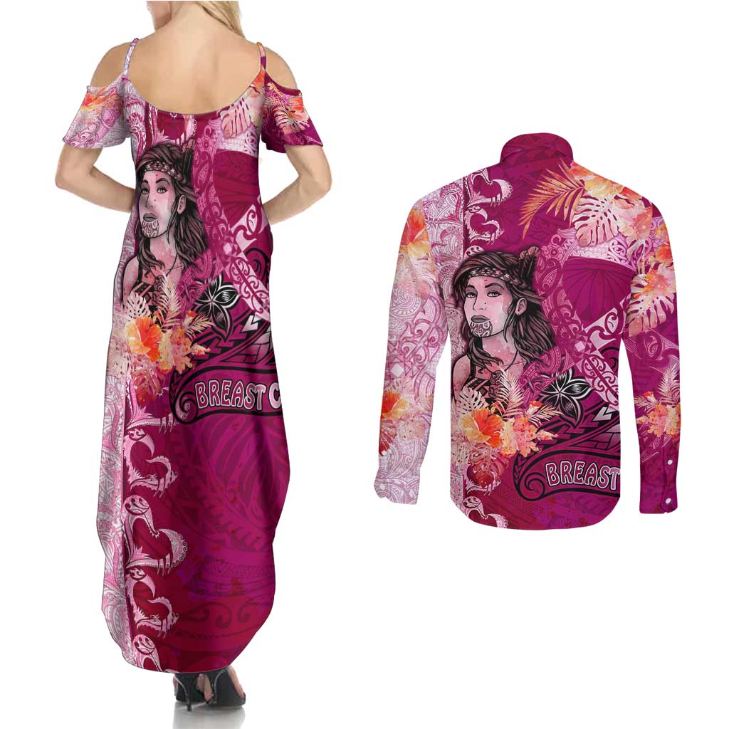 Breast Cancer New Zealand Couples Matching Summer Maxi Dress and Long Sleeve Button Shirt Maori Aotearoa Girl Pink Out DT02 - Polynesian Pride