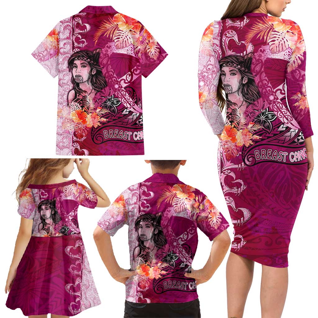 Breast Cancer New Zealand Family Matching Long Sleeve Bodycon Dress and Hawaiian Shirt Maori Aotearoa Girl Pink Out DT02 - Polynesian Pride