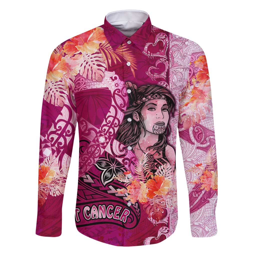Breast Cancer New Zealand Family Matching Tank Maxi Dress and Hawaiian Shirt Maori Aotearoa Girl Pink Out DT02 Dad's Shirt - Long Sleeve Pink - Polynesian Pride