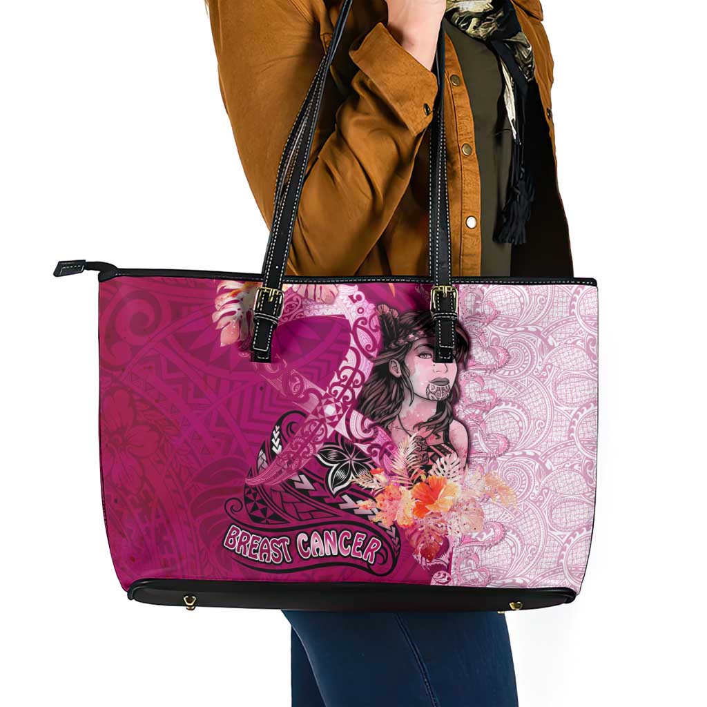 Breast Cancer New Zealand Leather Tote Bag Maori Aotearoa Girl Pink Out DT02 - Polynesian Pride