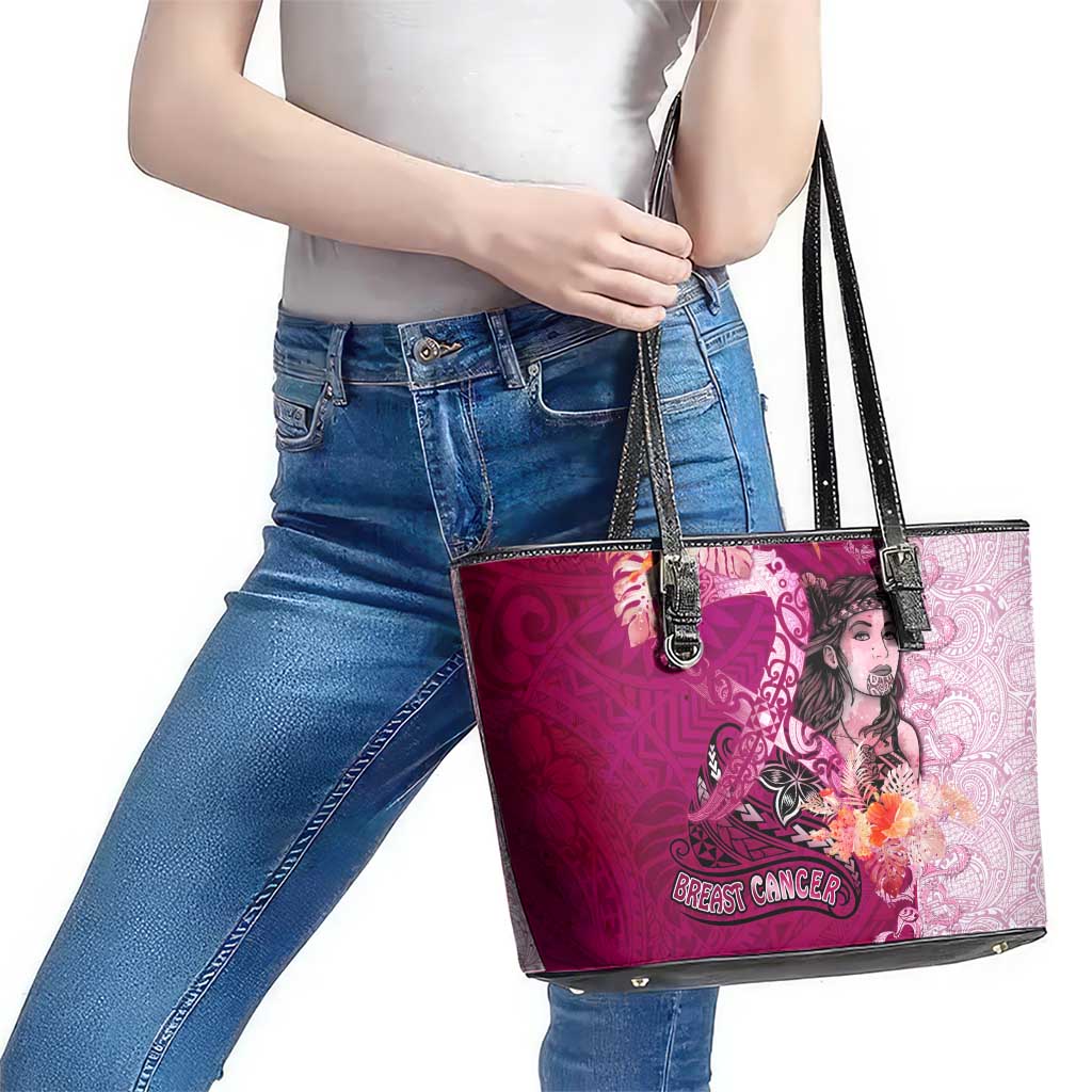 Breast Cancer New Zealand Leather Tote Bag Maori Aotearoa Girl Pink Out DT02 - Polynesian Pride