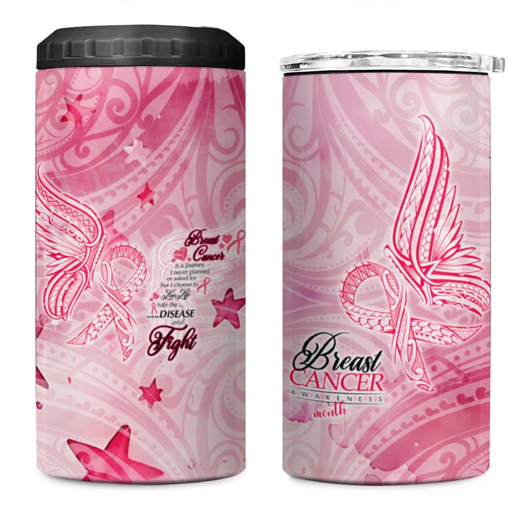 Breast Cancer Awareness Month 4 in 1 Can Cooler Tumbler Butterfly Polynesia Watercolor Pink