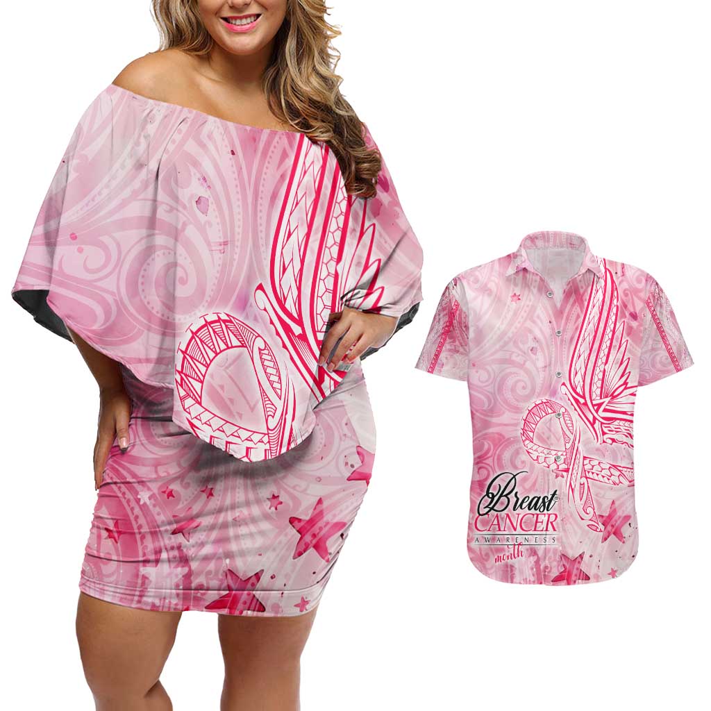 Breast Cancer Awareness Month Couples Matching Off Shoulder Short Dress and Hawaiian Shirt Butterfly Polynesia Watercolor Pink