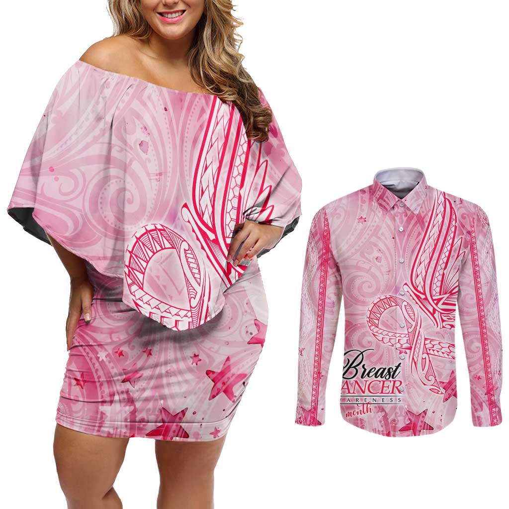 Breast Cancer Awareness Month Couples Matching Off Shoulder Short Dress and Long Sleeve Button Shirt Butterfly Polynesia Watercolor Pink
