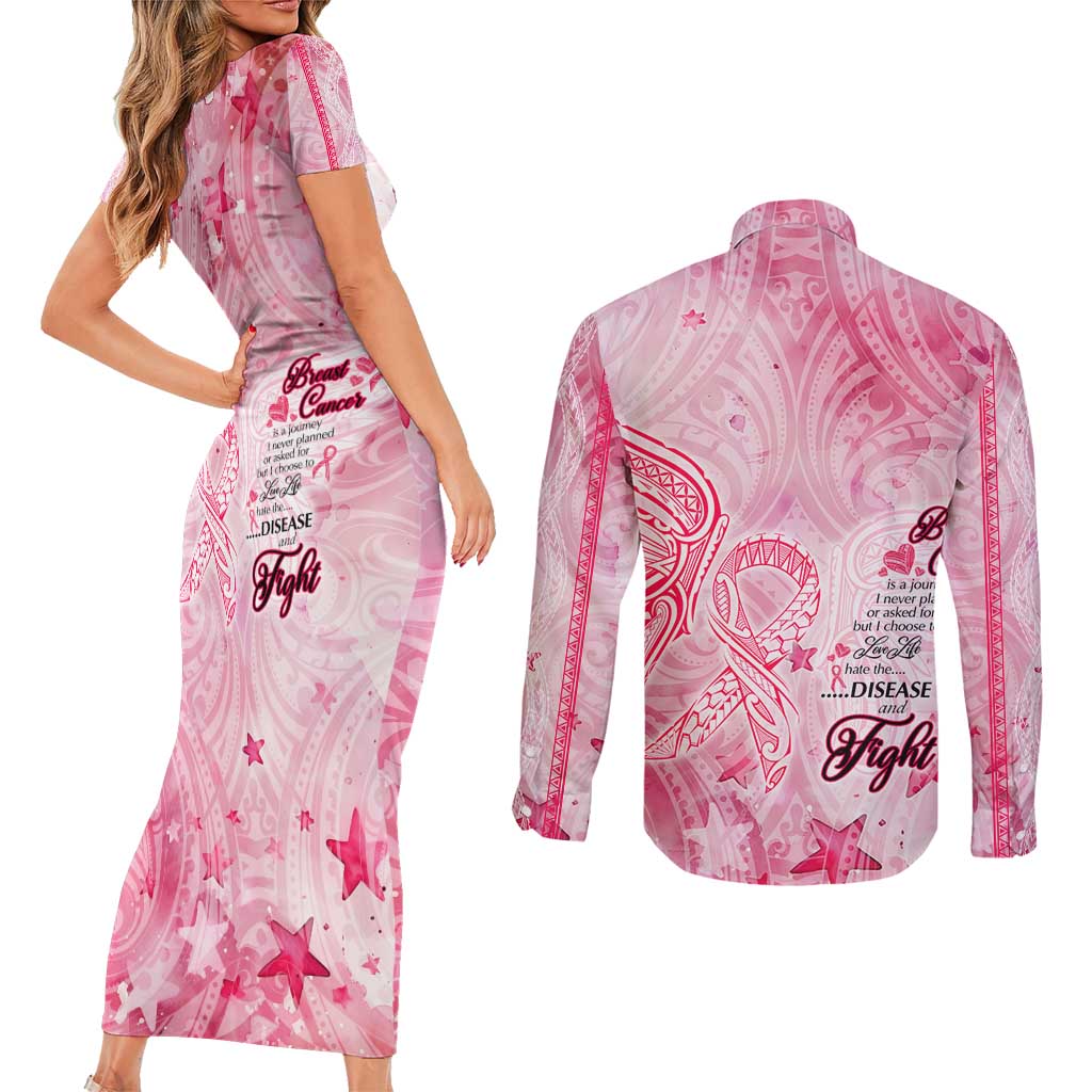 Breast Cancer Awareness Month Couples Matching Short Sleeve Bodycon Dress and Long Sleeve Button Shirt Butterfly Polynesia Watercolor Pink