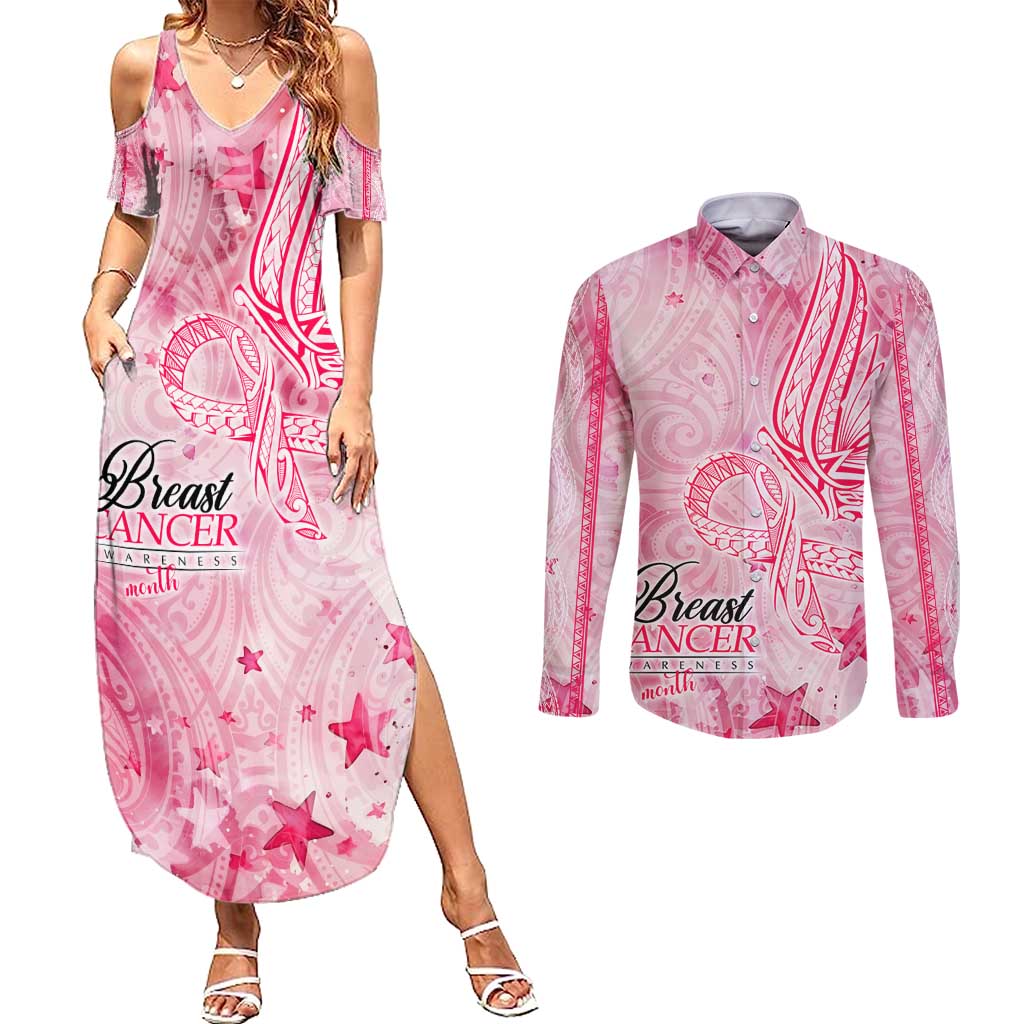 Breast Cancer Awareness Month Couples Matching Summer Maxi Dress and Long Sleeve Button Shirt Butterfly Polynesia Watercolor Pink