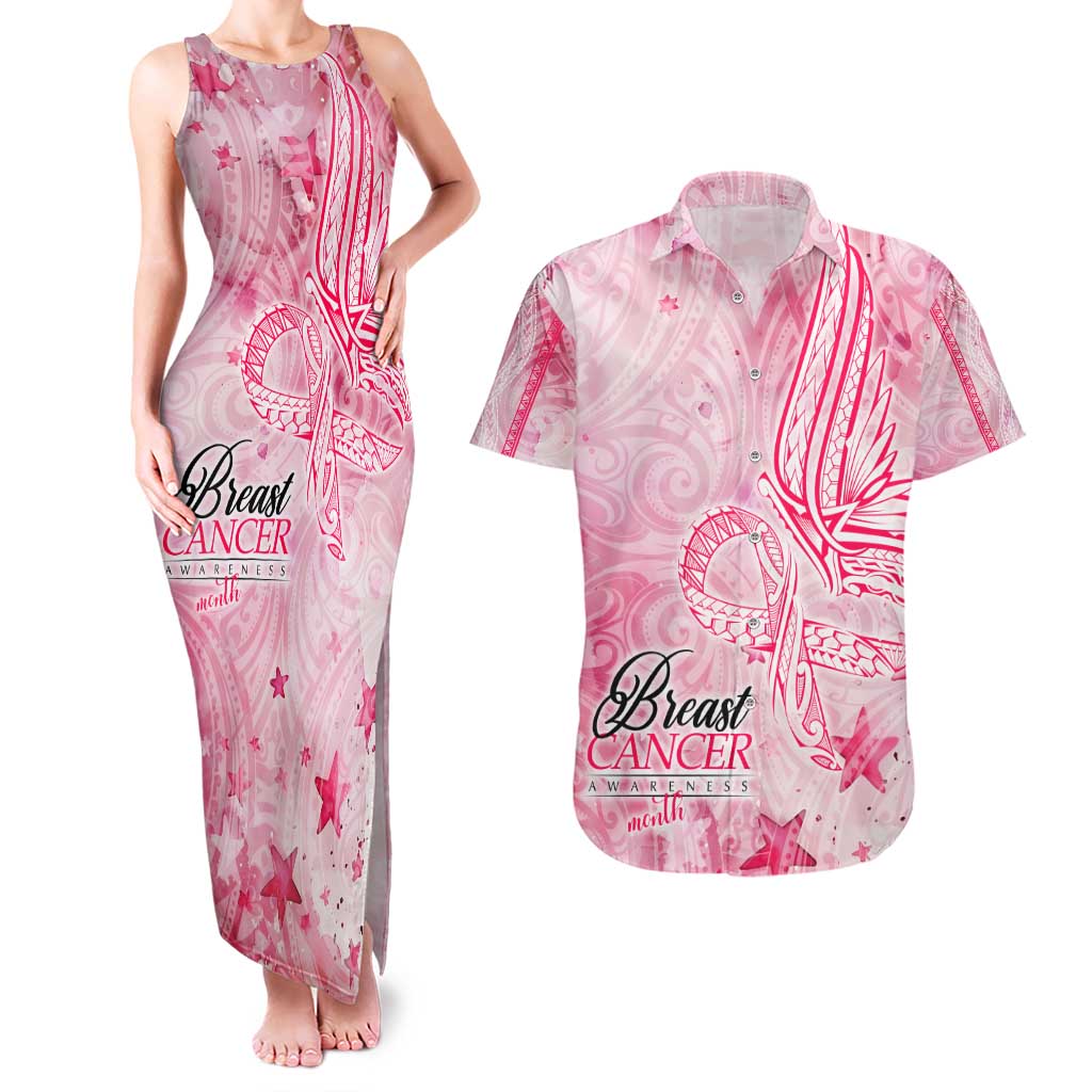 Breast Cancer Awareness Month Couples Matching Tank Maxi Dress and Hawaiian Shirt Butterfly Polynesia Watercolor Pink