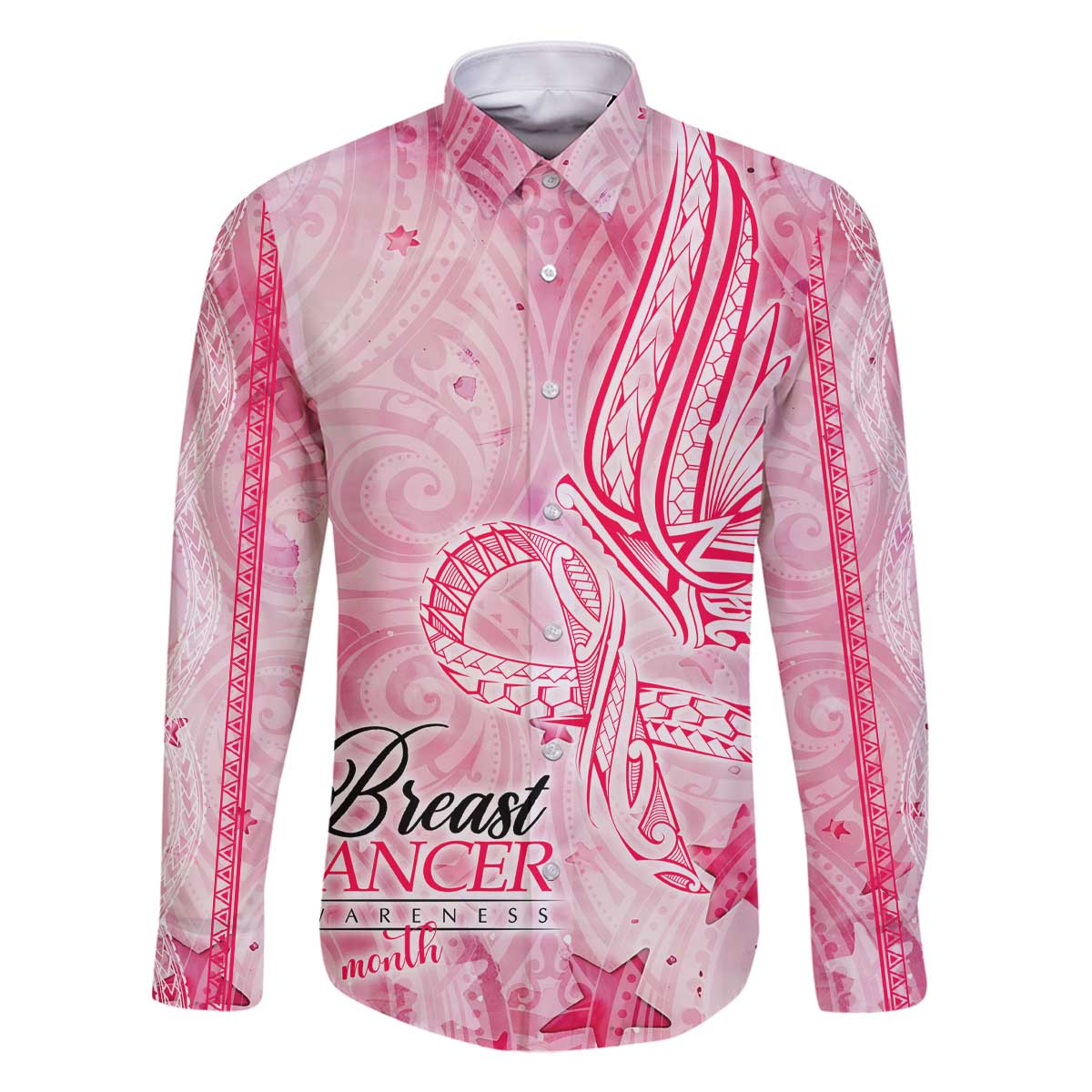 Breast Cancer Awareness Month Family Matching Off The Shoulder Long Sleeve Dress and Hawaiian Shirt Butterfly Polynesia Watercolor Pink