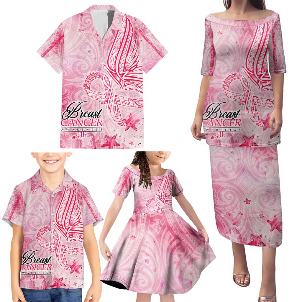 Breast Cancer Awareness Month Family Matching Puletasi and Hawaiian Shirt Butterfly Polynesia Watercolor Pink