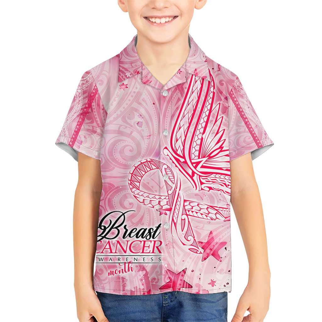 Breast Cancer Awareness Month Family Matching Puletasi and Hawaiian Shirt Butterfly Polynesia Watercolor Pink