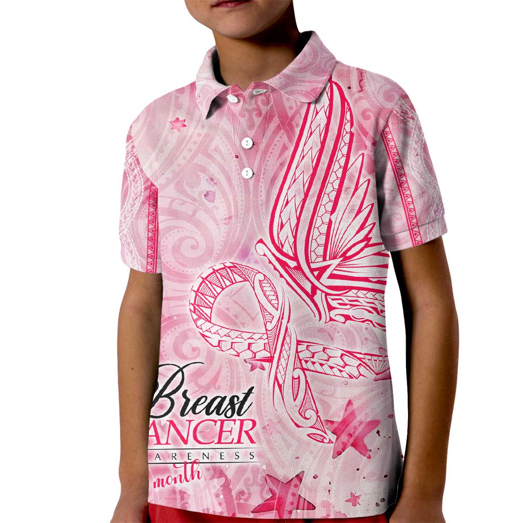 Breast Cancer Awareness Month Kid Polo Shirt Butterfly Polynesia Watercolor Pink
