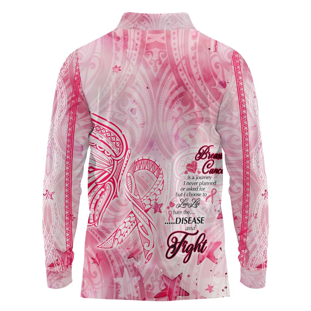 Breast Cancer Awareness Month Long Sleeve Polo Shirt Butterfly Polynesia Watercolor Pink