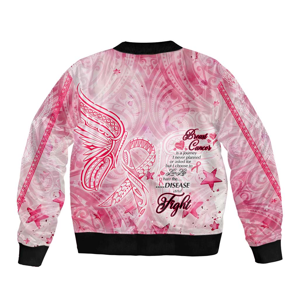 Breast Cancer Awareness Month Sleeve Zip Bomber Jacket Butterfly Polynesia Watercolor Pink