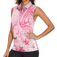 Breast Cancer Awareness Month Women Sleeveless Polo Shirt Butterfly Polynesia Watercolor Pink