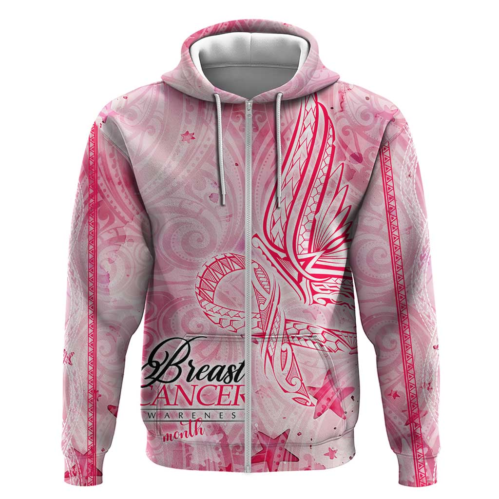 Breast Cancer Awareness Month Zip Hoodie Butterfly Polynesia Watercolor Pink