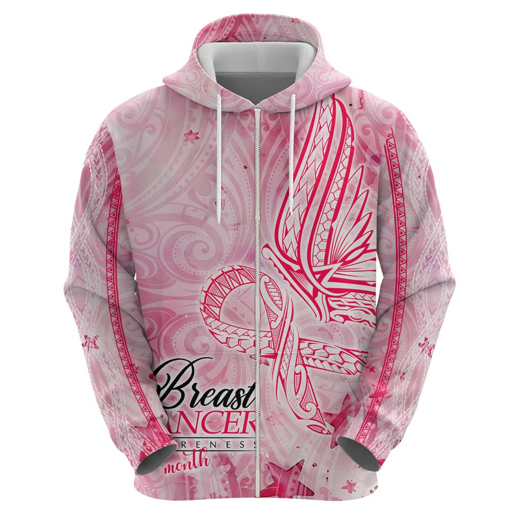 Breast Cancer Awareness Month Zip Hoodie Butterfly Polynesia Watercolor Pink
