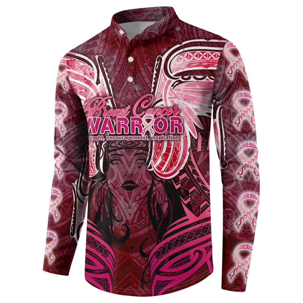 Breast Cancer Warrior Button Sweatshirt Angel Wings Polynesian Pattern
