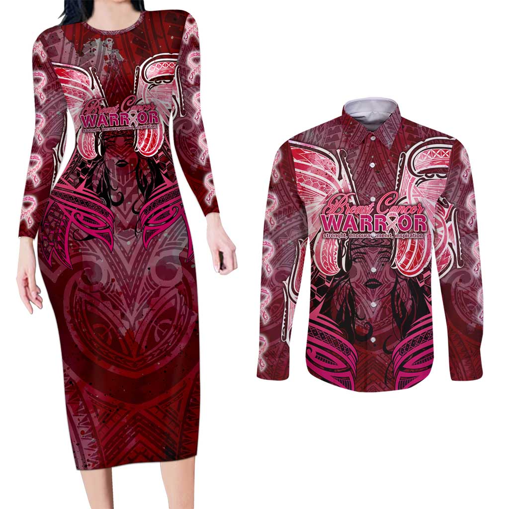 Breast Cancer Warrior Couples Matching Long Sleeve Bodycon Dress and Long Sleeve Button Shirt Angel Wings Polynesian Pattern DT02 Pink - Polynesian Pride