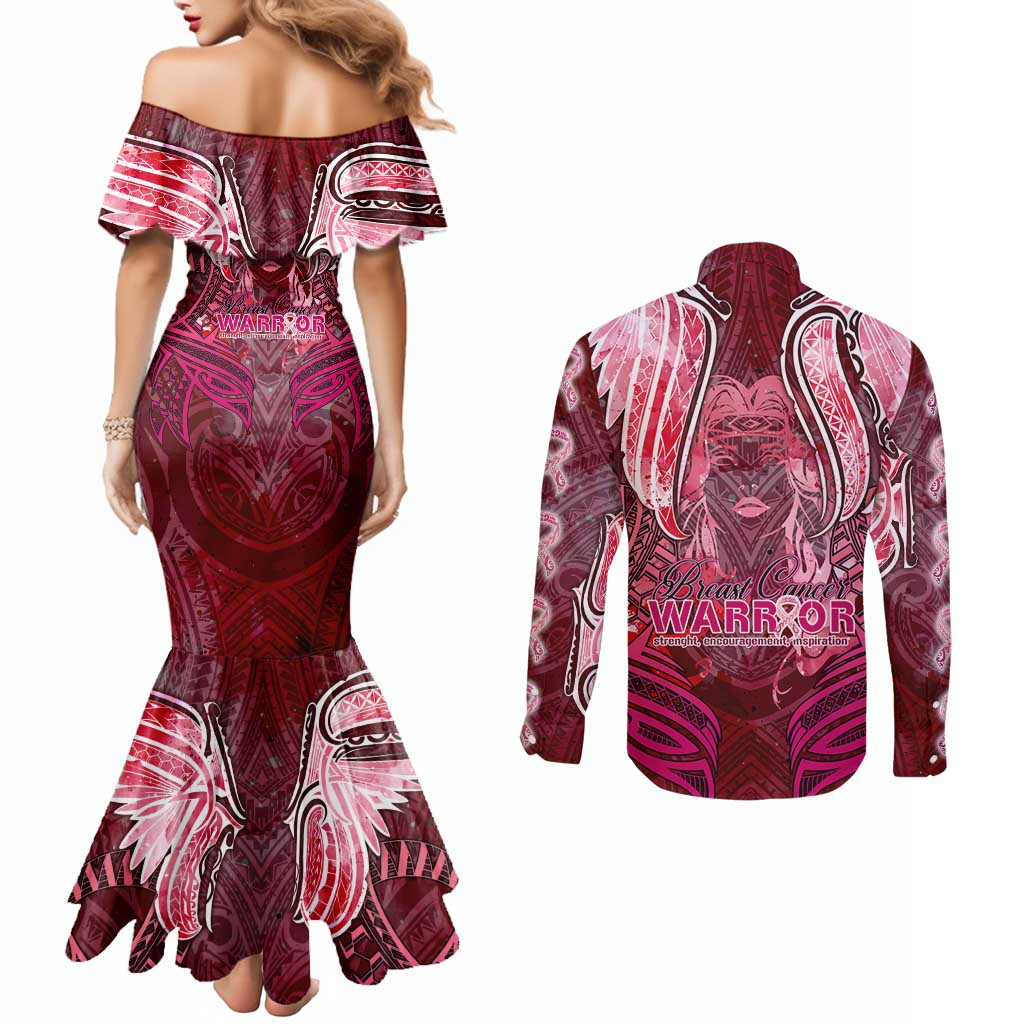 Breast Cancer Warrior Couples Matching Mermaid Dress and Long Sleeve Button Shirt Angel Wings Polynesian Pattern