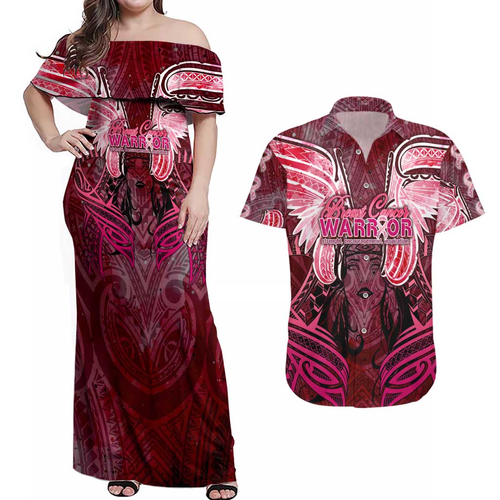 Breast Cancer Warrior Couples Matching Off Shoulder Maxi Dress and Hawaiian Shirt Angel Wings Polynesian Pattern DT02 Pink - Polynesian Pride