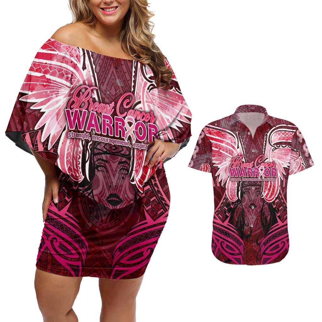 Breast Cancer Warrior Couples Matching Off Shoulder Short Dress and Hawaiian Shirt Angel Wings Polynesian Pattern DT02 Pink - Polynesian Pride