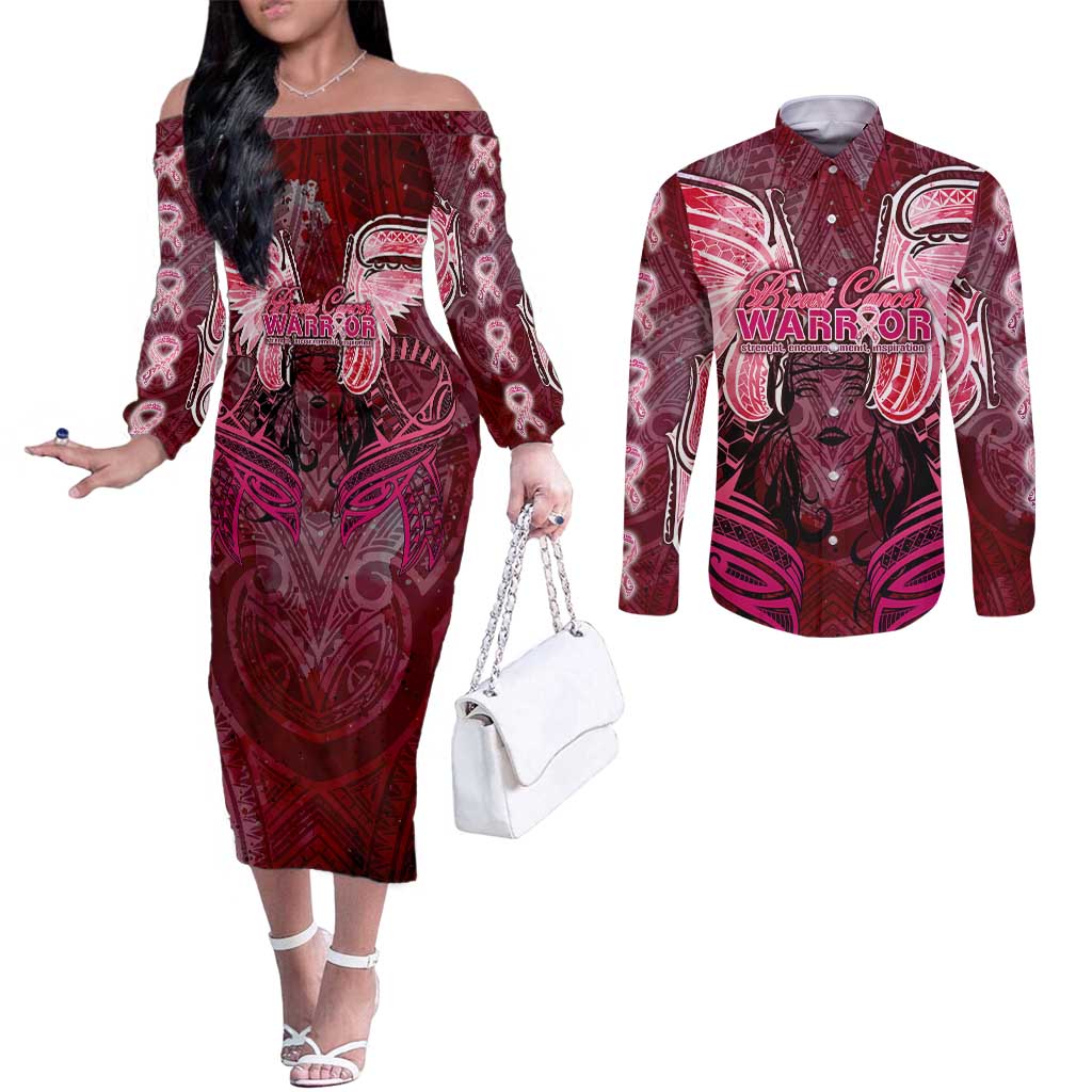 Breast Cancer Warrior Couples Matching Off The Shoulder Long Sleeve Dress and Long Sleeve Button Shirt Angel Wings Polynesian Pattern DT02 Pink - Polynesian Pride