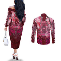 Breast Cancer Warrior Couples Matching Off The Shoulder Long Sleeve Dress and Long Sleeve Button Shirt Angel Wings Polynesian Pattern DT02 - Polynesian Pride