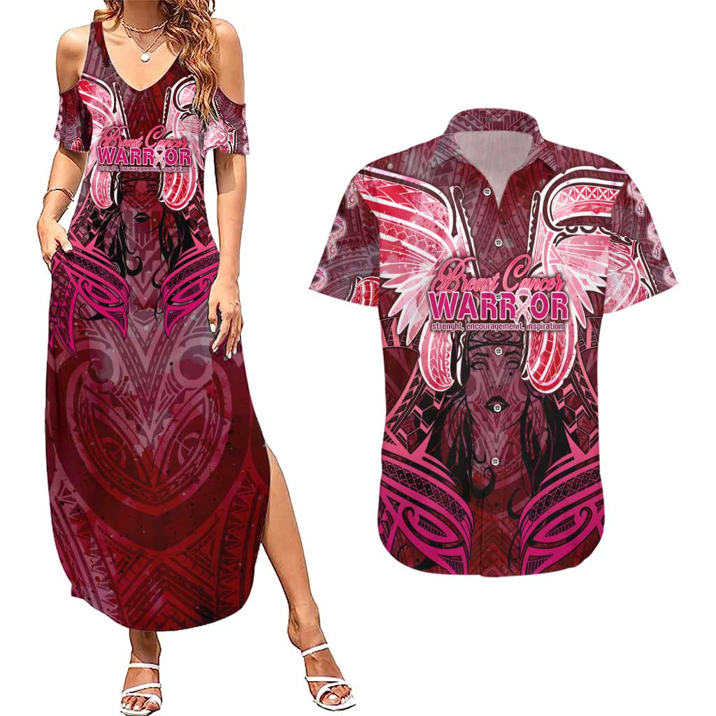 Breast Cancer Warrior Couples Matching Summer Maxi Dress and Hawaiian Shirt Angel Wings Polynesian Pattern DT02 Pink - Polynesian Pride
