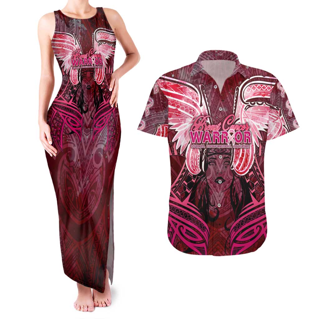 Breast Cancer Warrior Couples Matching Tank Maxi Dress and Hawaiian Shirt Angel Wings Polynesian Pattern DT02 Pink - Polynesian Pride