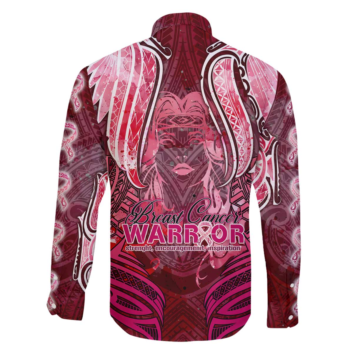 Breast Cancer Warrior Family Matching Off The Shoulder Long Sleeve Dress and Hawaiian Shirt Angel Wings Polynesian Pattern
