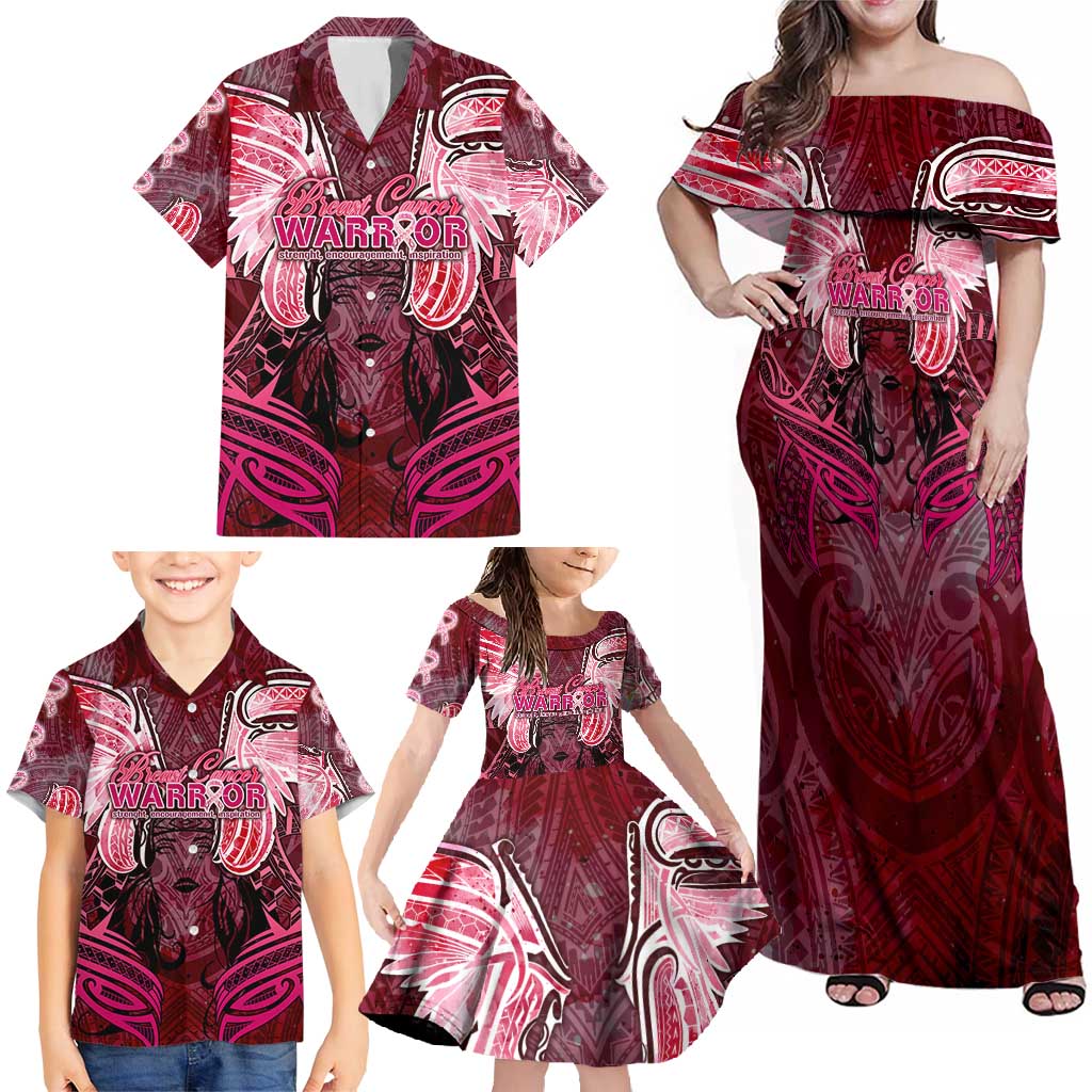 Breast Cancer Warrior Family Matching Off Shoulder Maxi Dress and Hawaiian Shirt Angel Wings Polynesian Pattern DT02 - Polynesian Pride