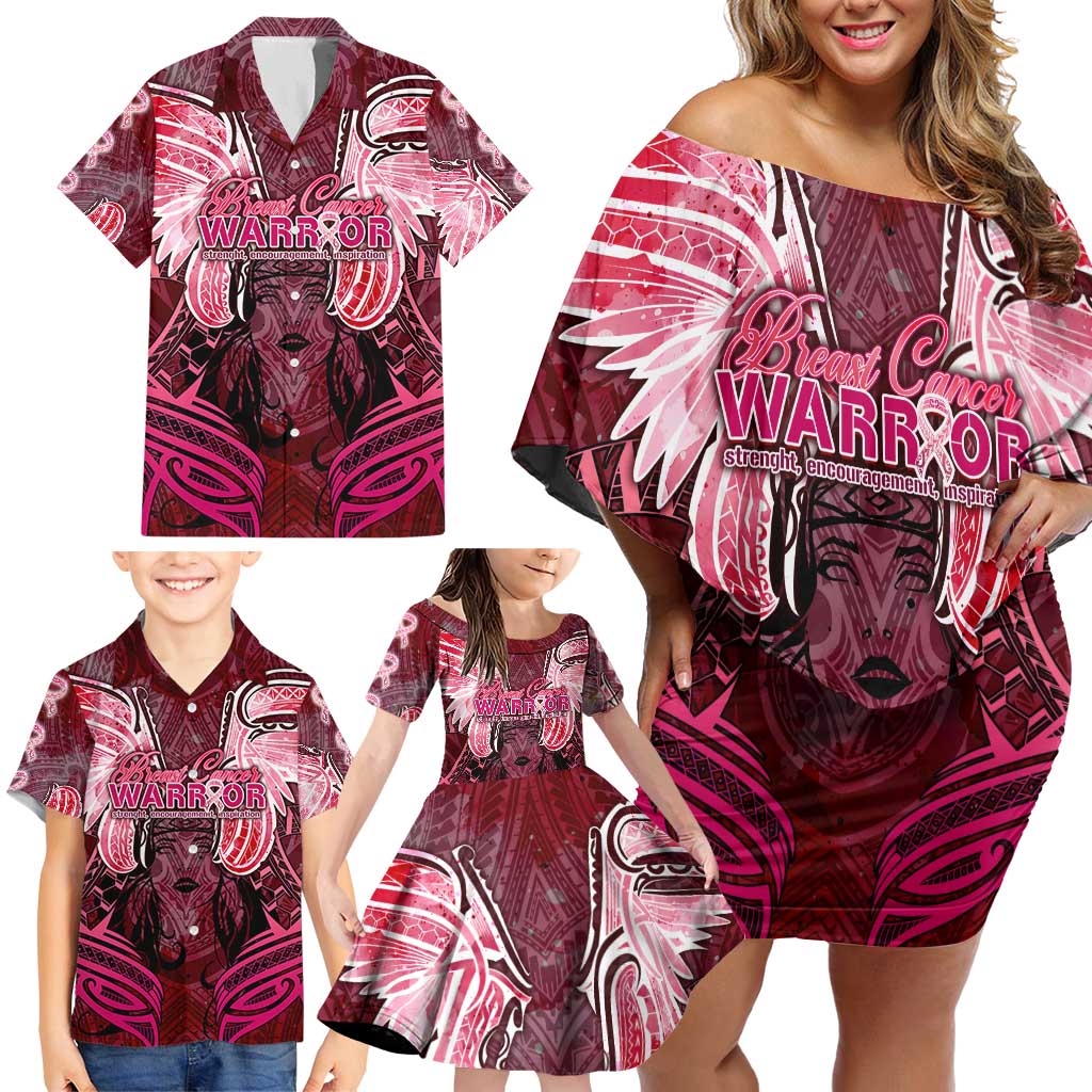 Breast Cancer Warrior Family Matching Off Shoulder Short Dress and Hawaiian Shirt Angel Wings Polynesian Pattern DT02 - Polynesian Pride
