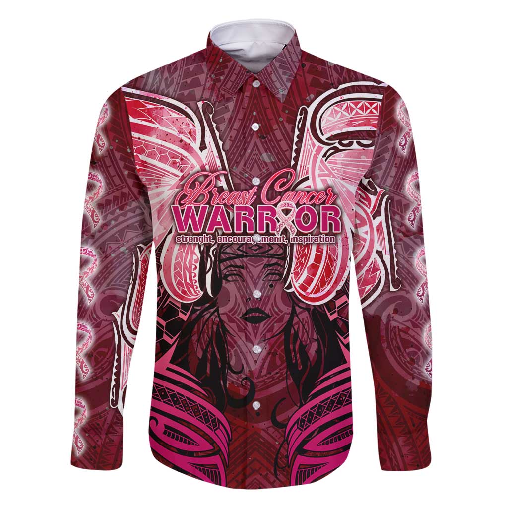 Breast Cancer Warrior Family Matching Off Shoulder Short Dress and Hawaiian Shirt Angel Wings Polynesian Pattern DT02 Dad's Shirt - Long Sleeve Pink - Polynesian Pride