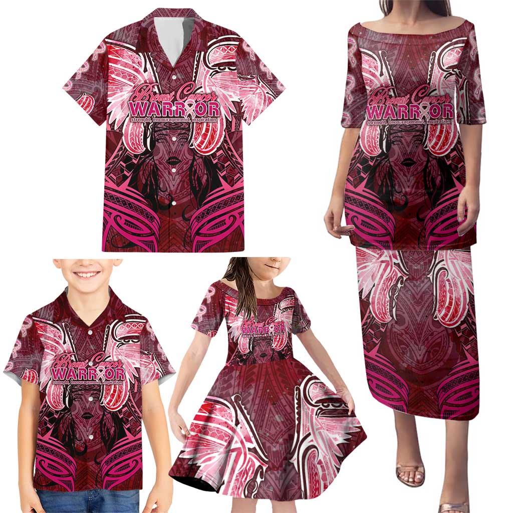 Breast Cancer Warrior Family Matching Puletasi and Hawaiian Shirt Angel Wings Polynesian Pattern DT02 - Polynesian Pride