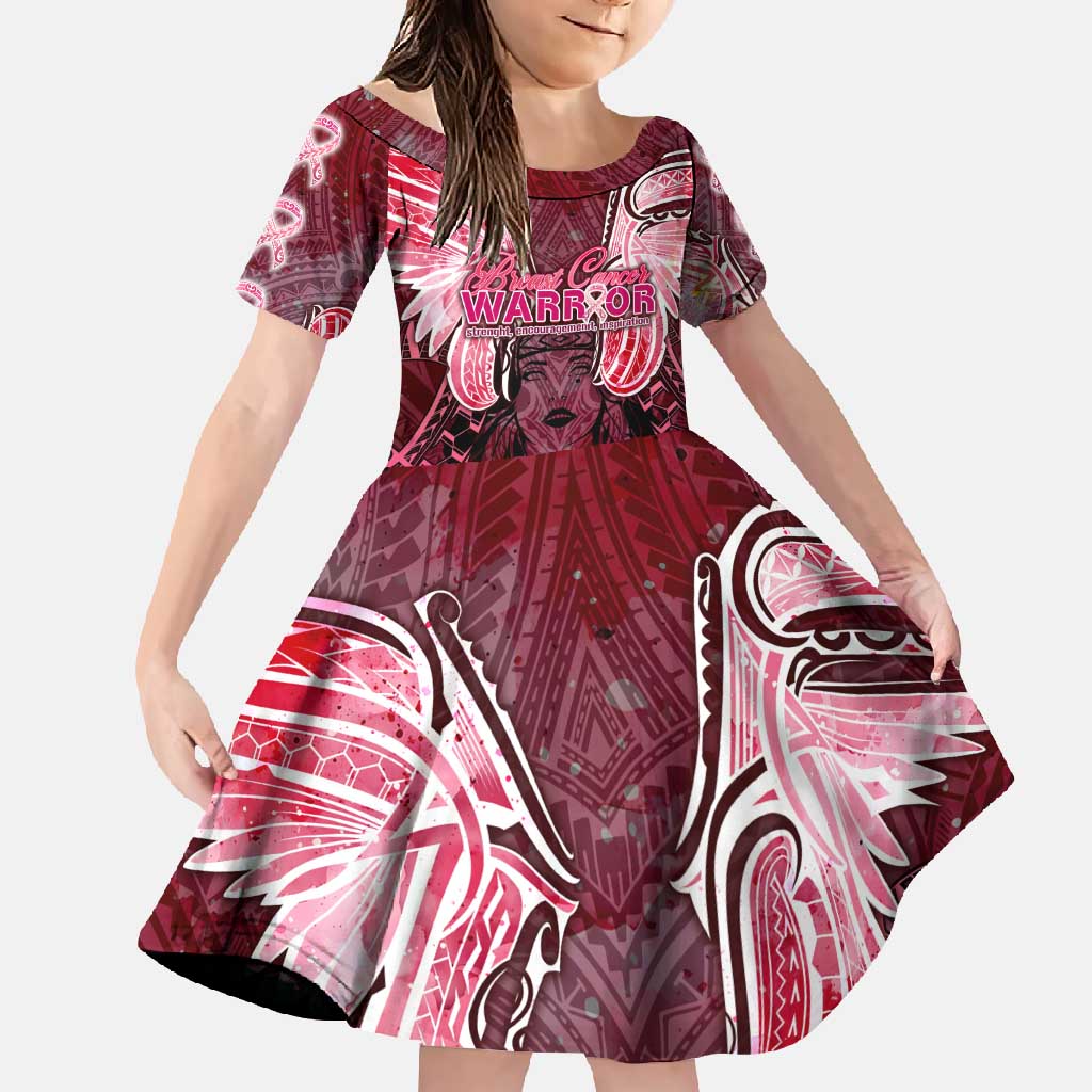 Breast Cancer Warrior Family Matching Tank Maxi Dress and Hawaiian Shirt Angel Wings Polynesian Pattern DT02 Daughter's Dress Pink - Polynesian Pride