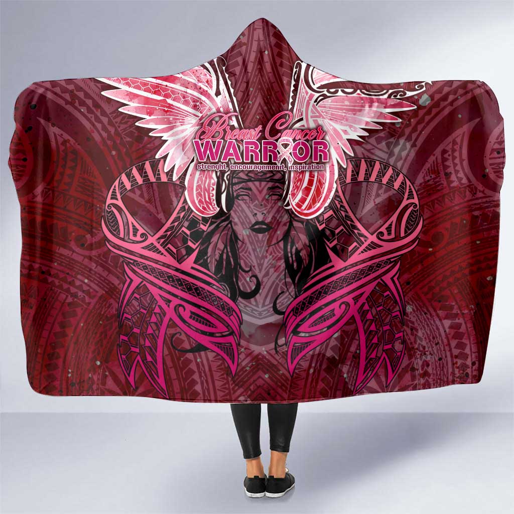 Breast Cancer Warrior Hooded Blanket Angel Wings Polynesian Pattern