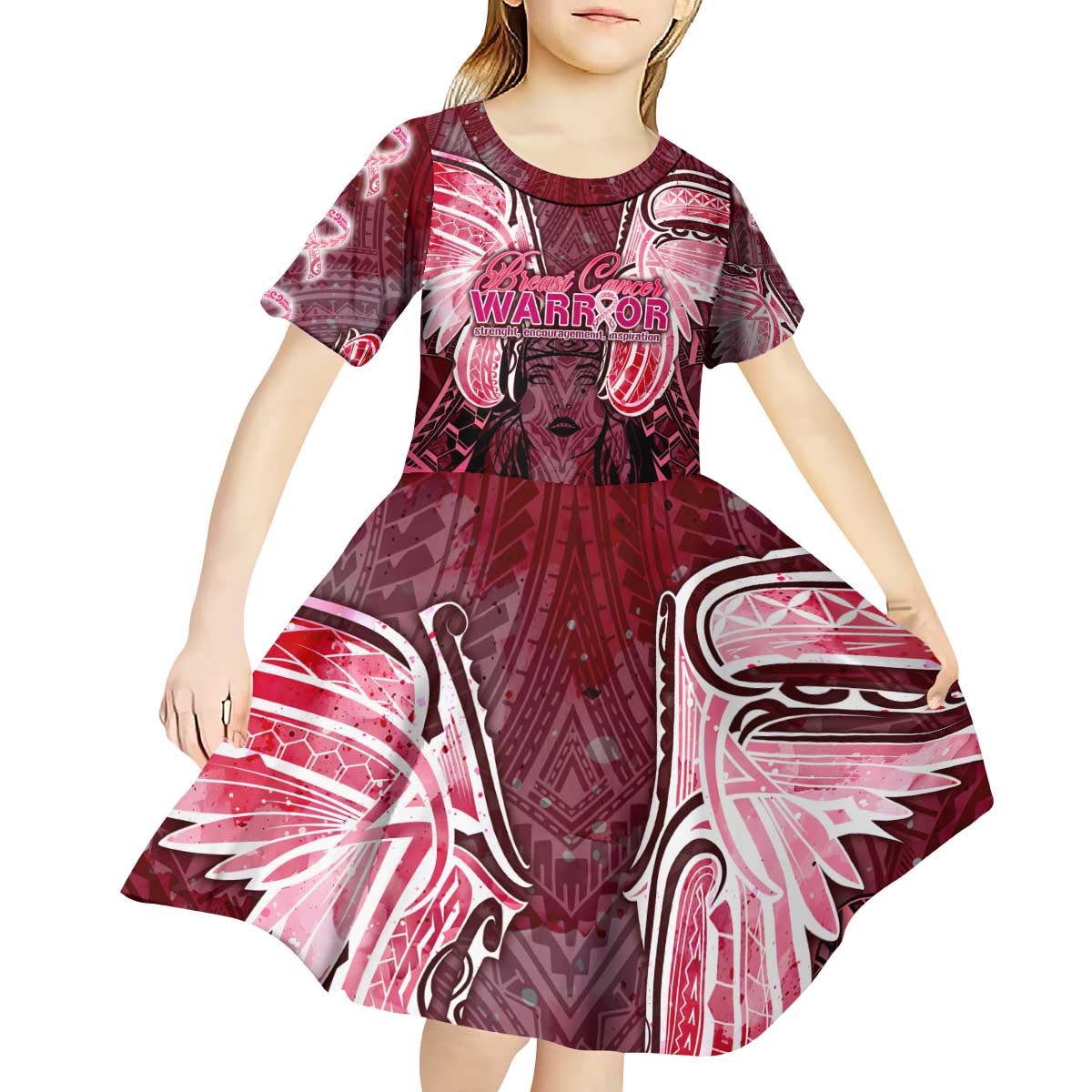 Breast Cancer Warrior Kid Short Sleeve Dress Angel Wings Polynesian Pattern