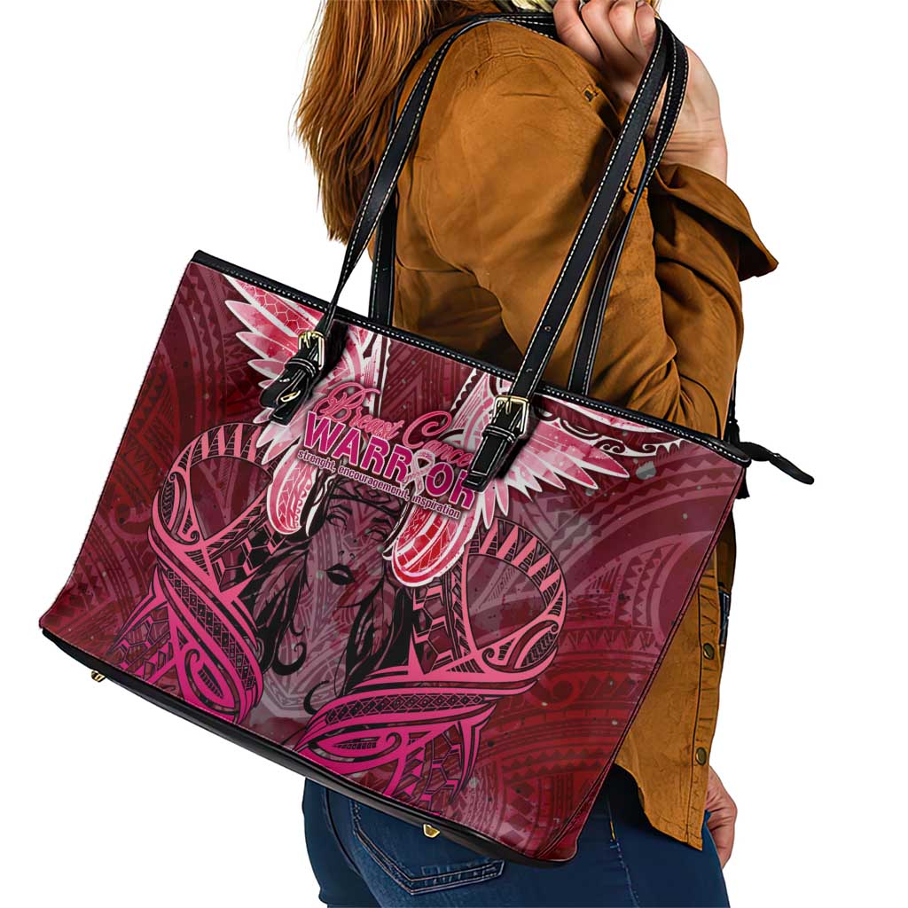 Breast Cancer Warrior Leather Tote Bag Angel Wings Polynesian Pattern