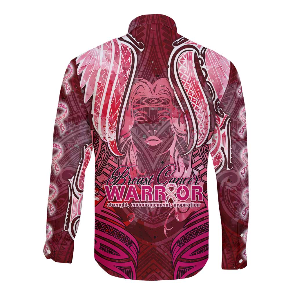 Breast Cancer Warrior Long Sleeve Button Shirt Angel Wings Polynesian Pattern