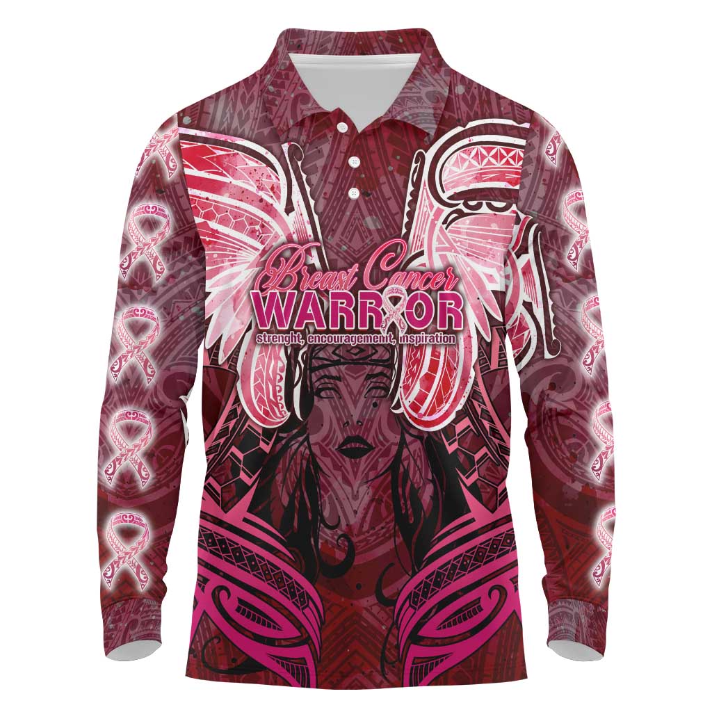 Breast Cancer Warrior Long Sleeve Polo Shirt Angel Wings Polynesian Pattern