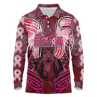 Breast Cancer Warrior Long Sleeve Polo Shirt Angel Wings Polynesian Pattern