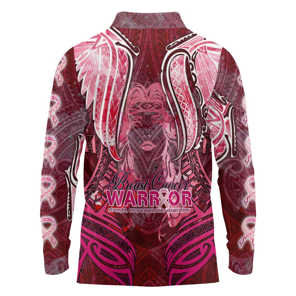 Breast Cancer Warrior Long Sleeve Polo Shirt Angel Wings Polynesian Pattern