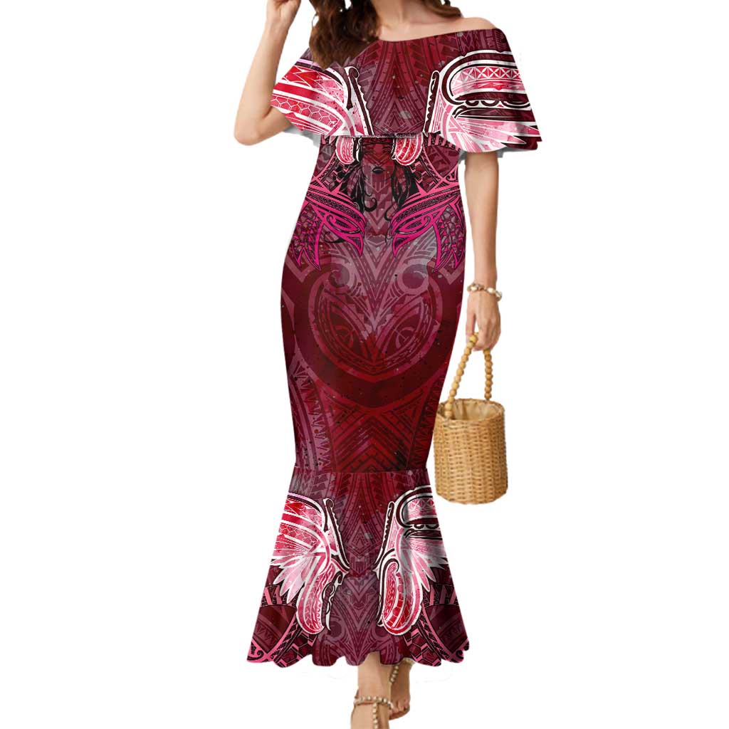 Breast Cancer Warrior Mermaid Dress Angel Wings Polynesian Pattern