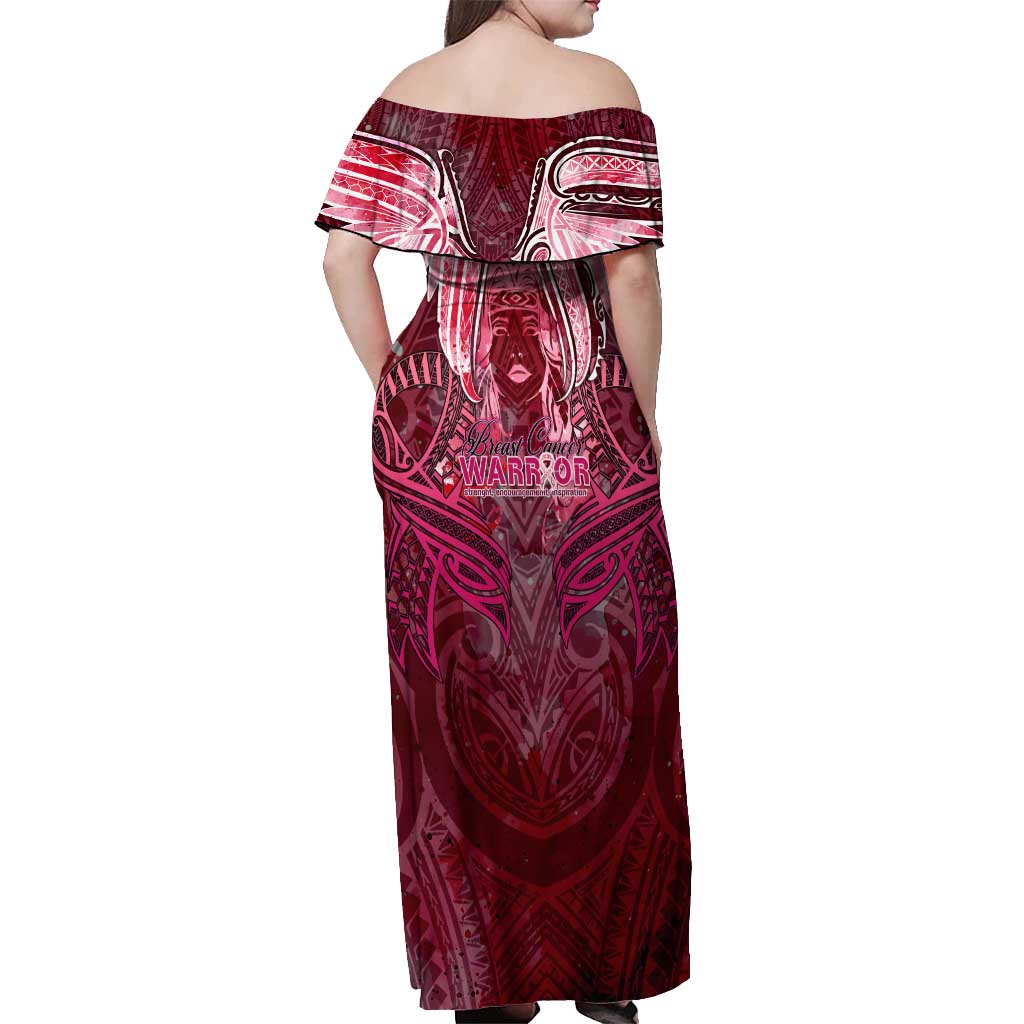 Breast Cancer Warrior Off Shoulder Maxi Dress Angel Wings Polynesian Pattern